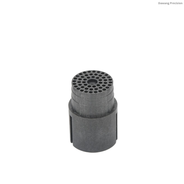 Precision injection molded medical-grade acetal micro-diffuser nozzle with 360&deg; micro-perforated array and alignment slots for respiratory devices