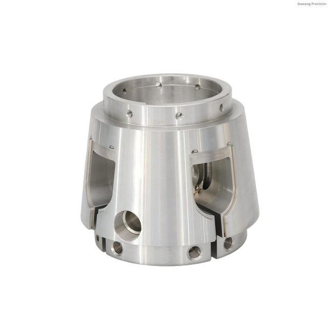 Precision CNC machined stainless steel coupling housing with large bore and mounting holes for industrial equipment