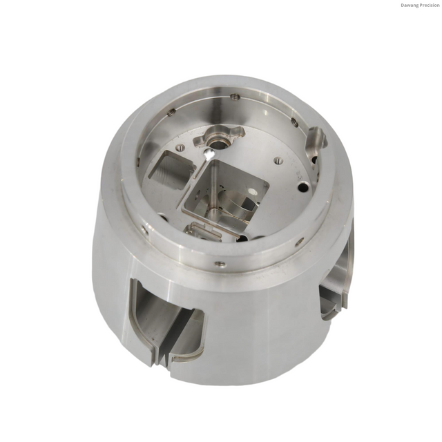 Custom 5-axis CNC machined stainless steel housing showing side ports and reinforced structure