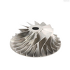 Close-up of a 5-axis CNC machined billet compressor wheel with point-mill finish for high-boost turbochargers