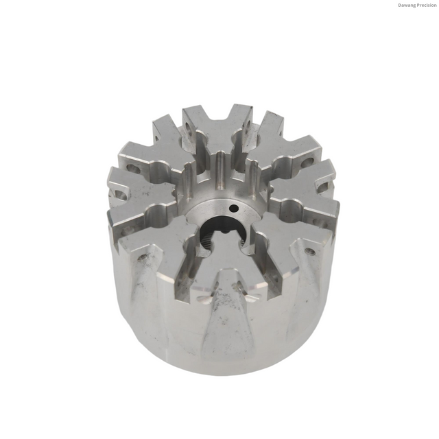 Custom 5-axis CNC machined stainless steel coupling housing showing large threaded bore and side mounting ports