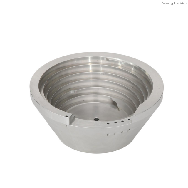 Precision CNC machined stainless steel conical flange housing with tapered body and reinforced mounting flange for industrial equipment