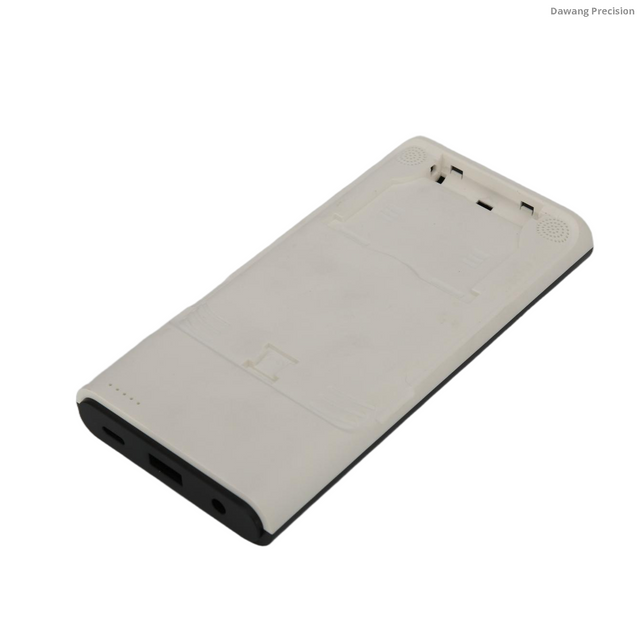 Precision injection molded black ABS-PC portable power bank housing with integrated ports, power button and slim ergonomic design