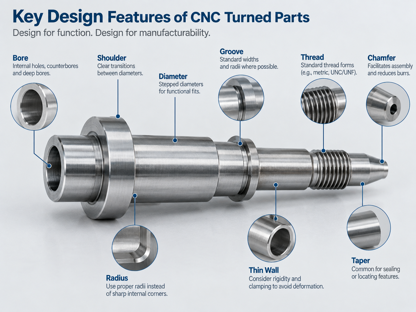 CNC turned parts design features showing diameters, shoulders, grooves, threads, bores, and radii.png
