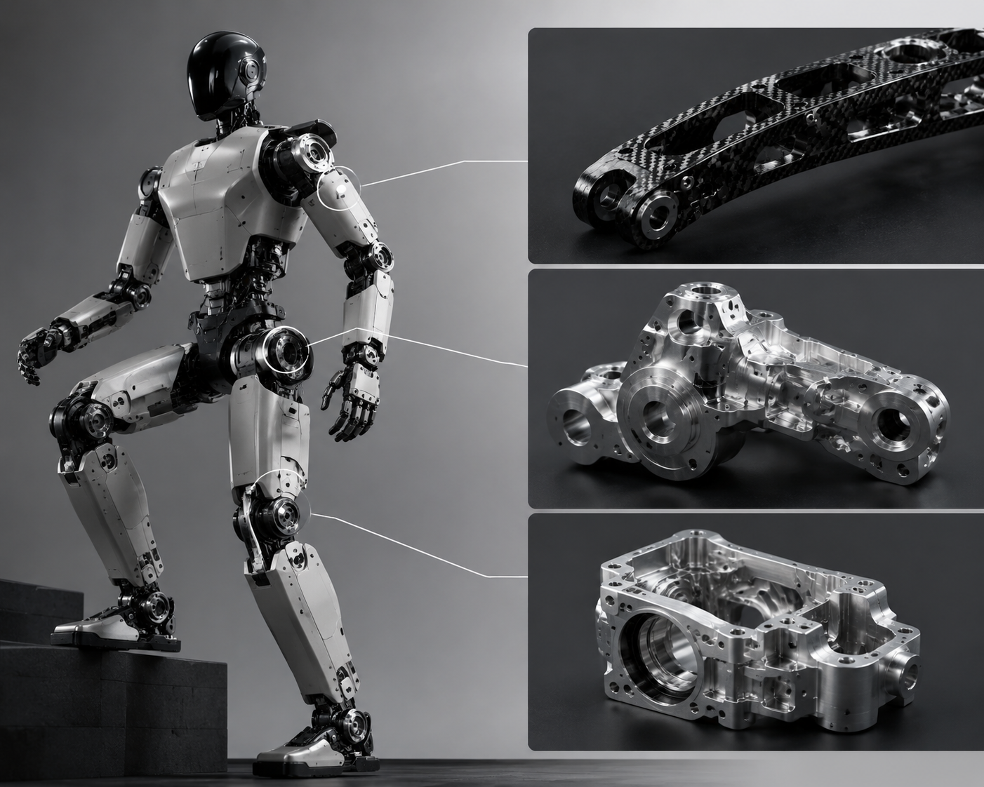 Bipedal robot legs and arms using aluminum and carbon fiber lightweight materials.png