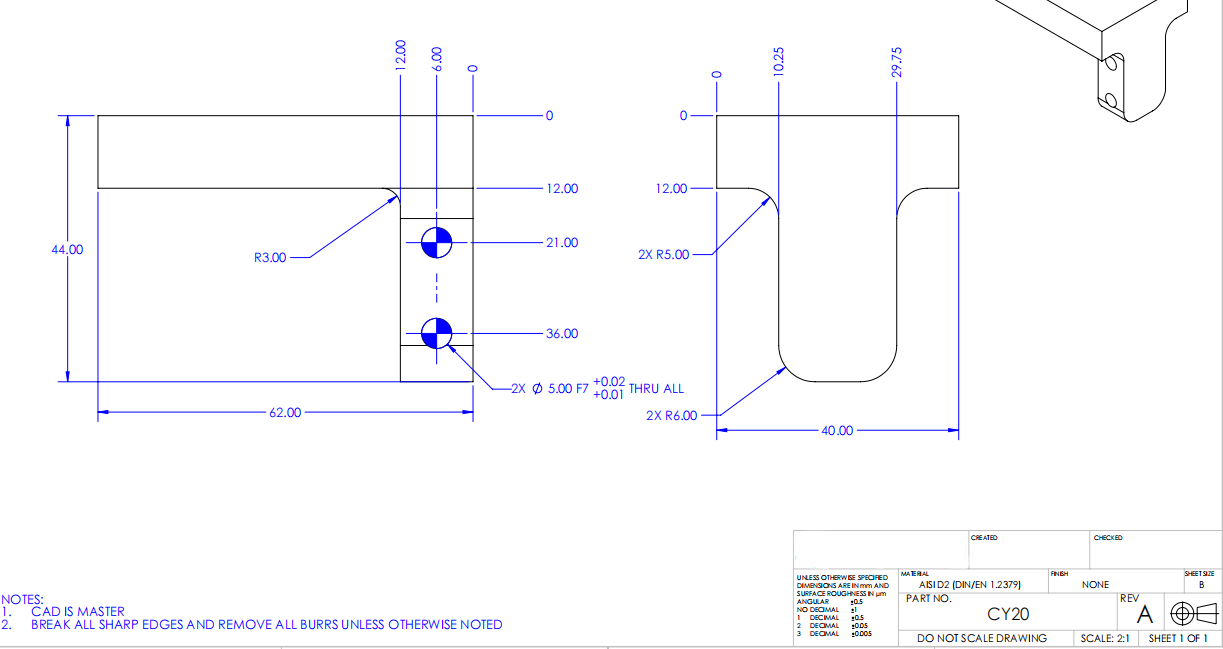 Engineering drawing of custom CNC machined fixture components showing precision hole dimensions and tolerances