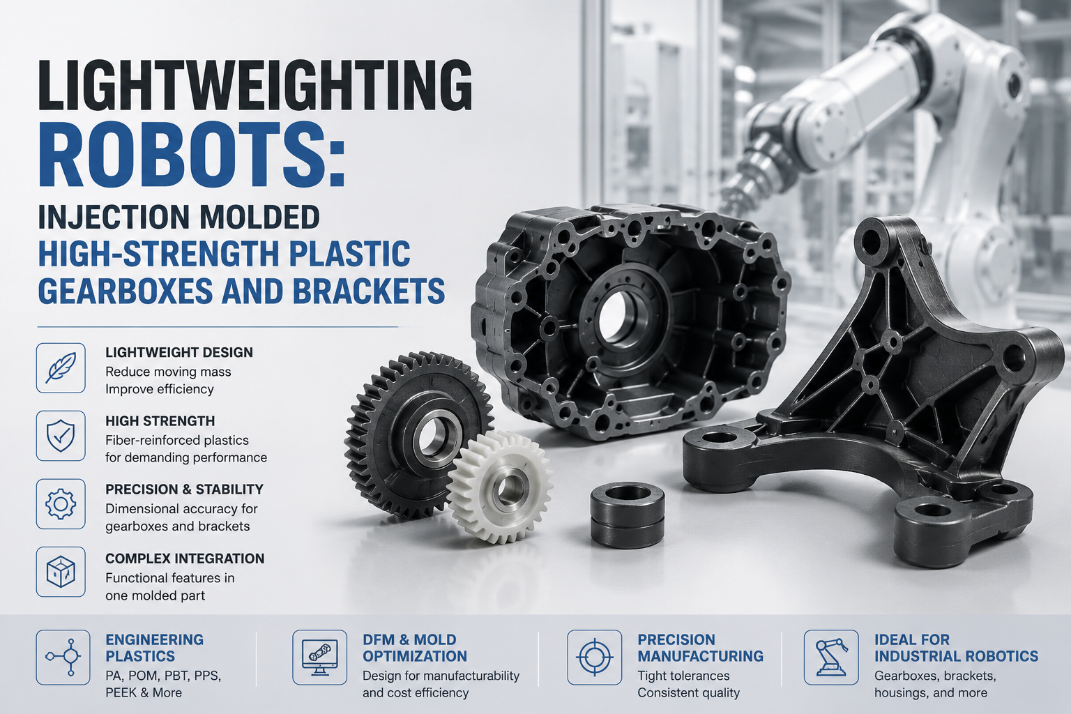 Lightweighting Robots: Injection Molded High-Strength Plastic Gearboxes and Brackets