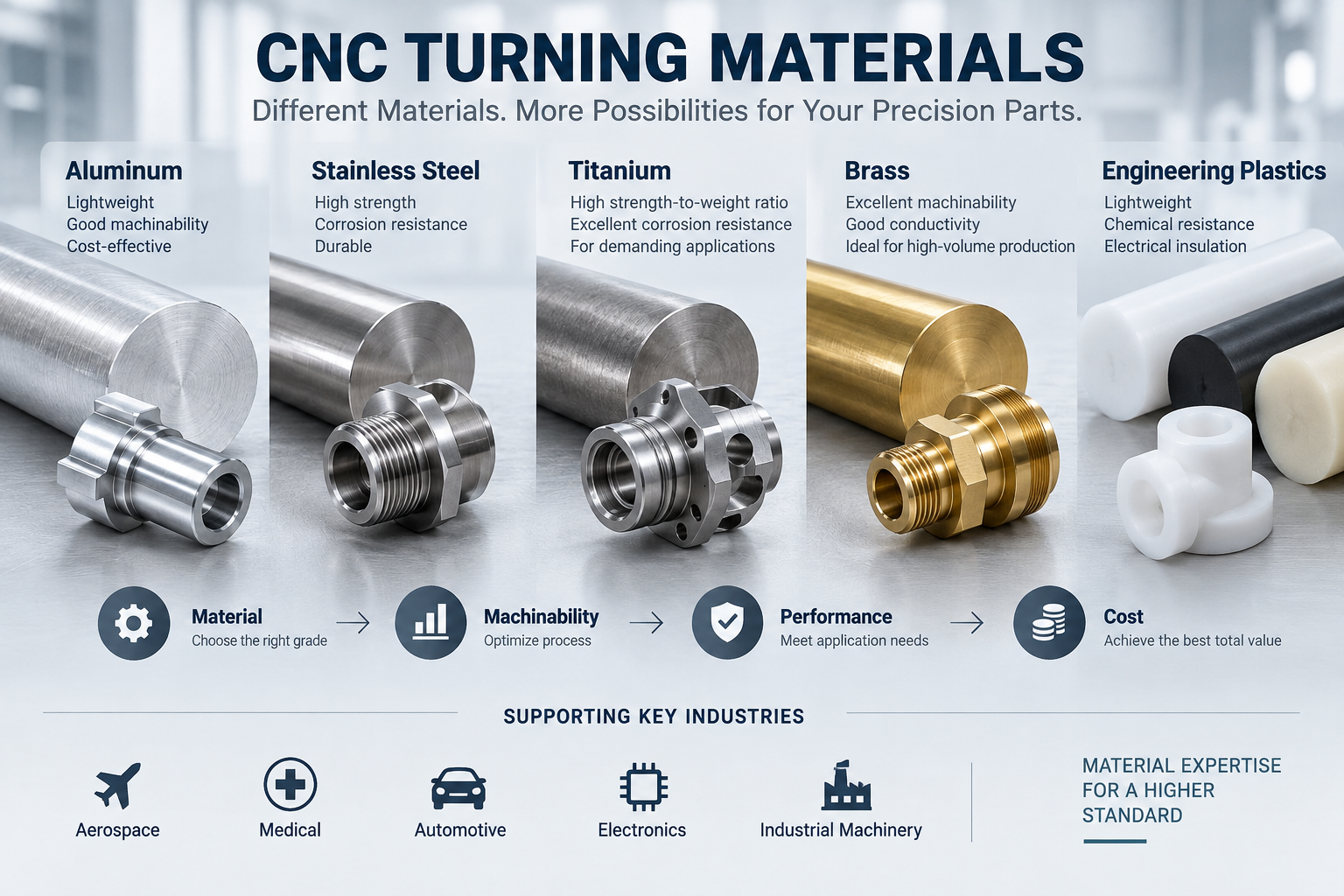 CNC turning materials comparison including aluminum, stainless steel, titanium, brass and engineering plastics.png