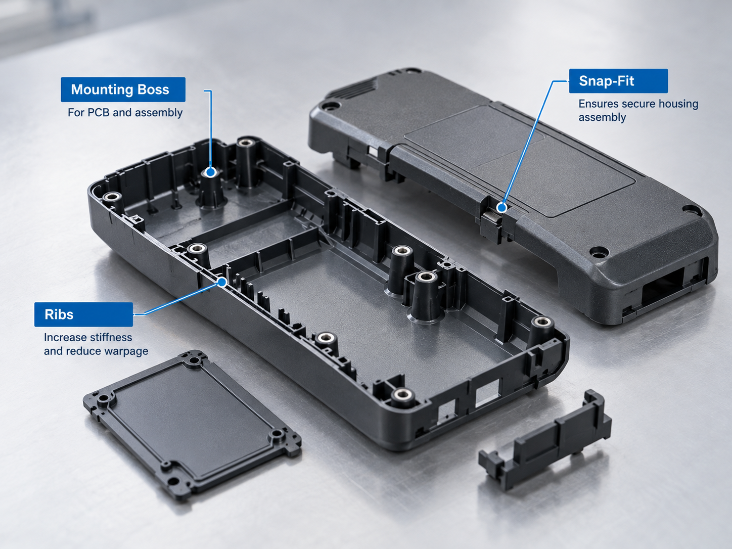 Injection-molded electronics housing with snap-fit joints, internal ribs, and mounting bosses for dimensional quality evaluation..png