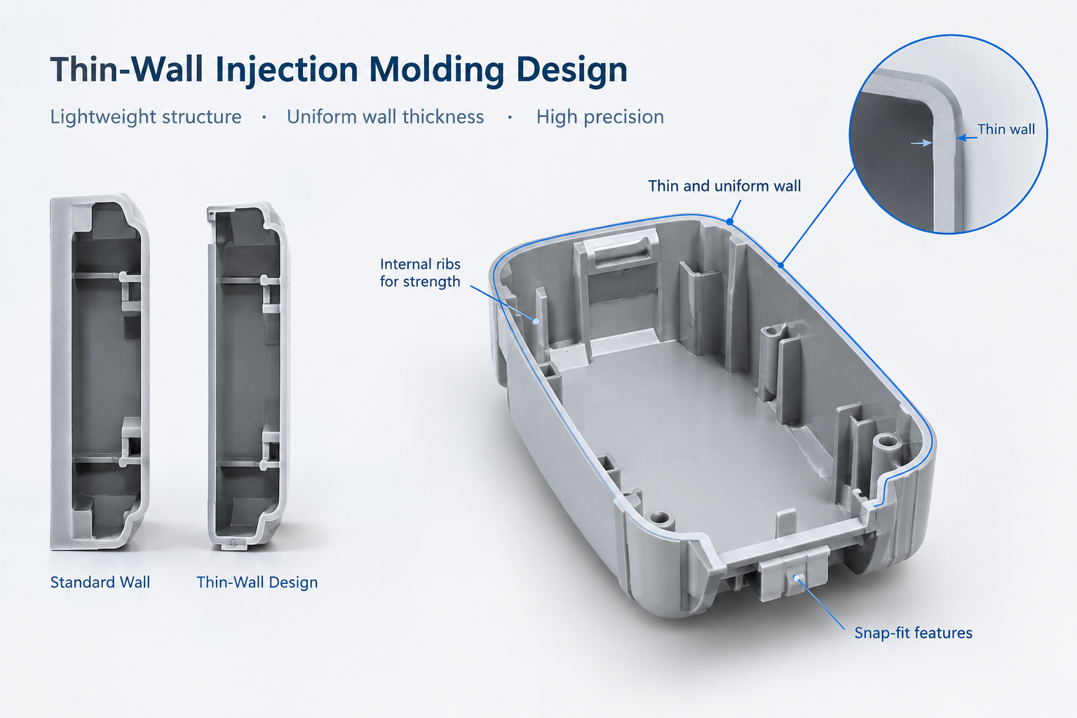 Thin-wall injection molding design showing a lightweight plastic housing with thin and uniform walls.png