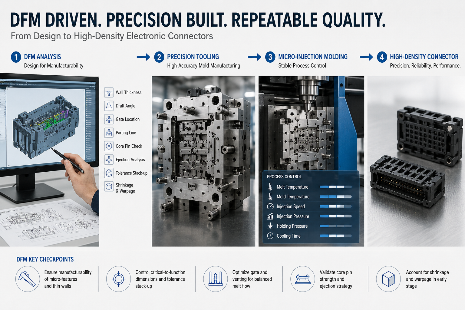 DFM analysis and precision tooling for micro-injection molded electronic connectors.png