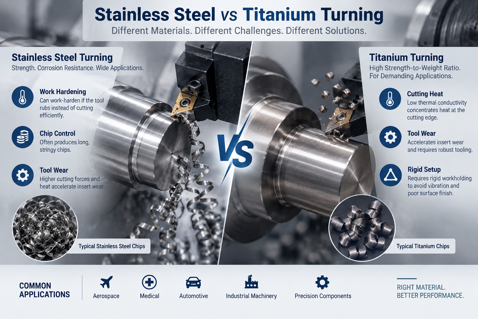 Stainless steel turning vs titanium turning challenges including heat control tool wear and chip management.png
