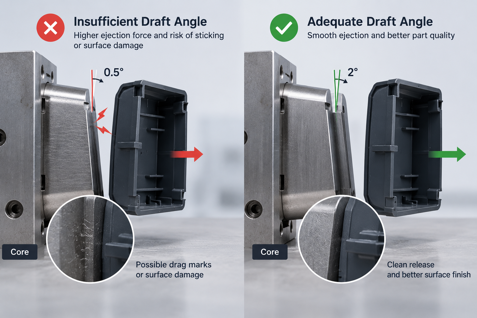 Injection molding draft angle comparison showing how insufficient draft increases sticking and ejection damage risks..png