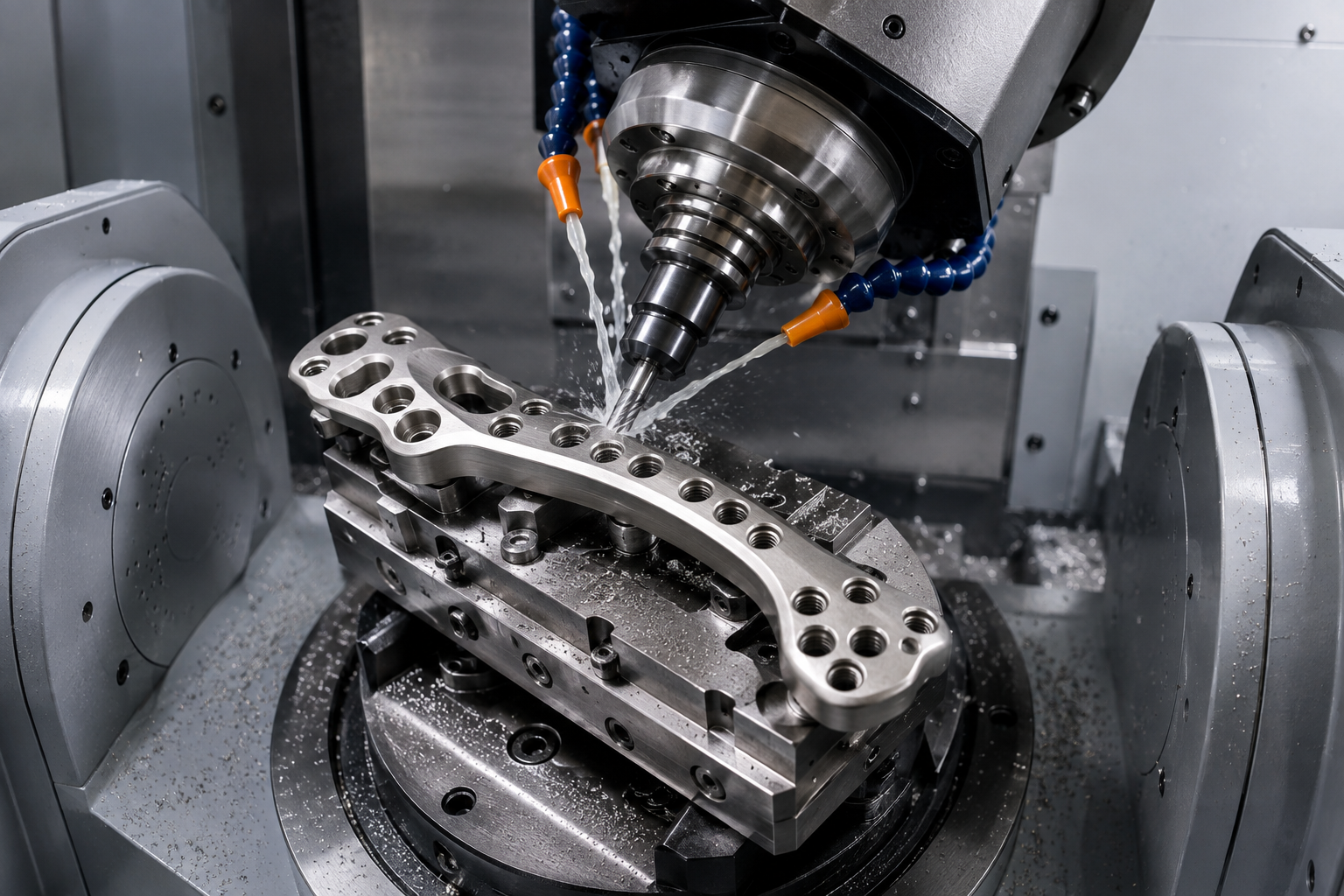 5-axis medical milling of a complex titanium orthopedic bone plate with anatomical contours and screw holes.png