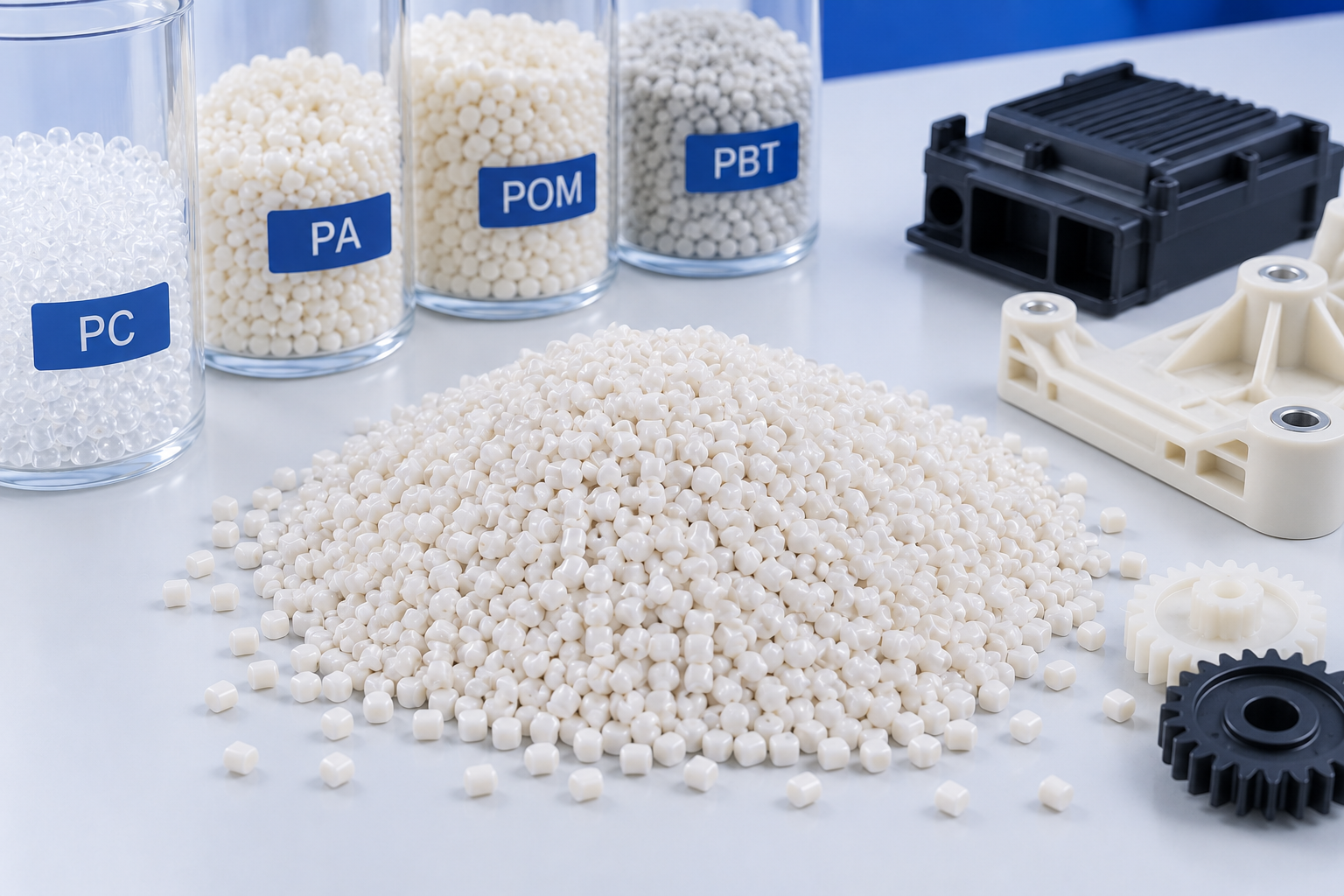 Engineering plastic materials including PC, PA, POM, PMMA and PBT for precision injection molding