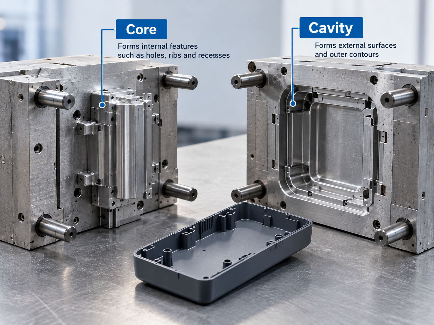 Precision injection mold showing core and cavity components that determine molded part quality and tooling cost..png