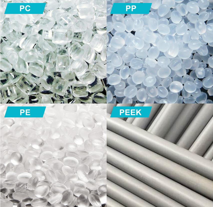 Medical injection molding materials including polypropylene, polycarbonate, and PEEK plastic samples.jpg