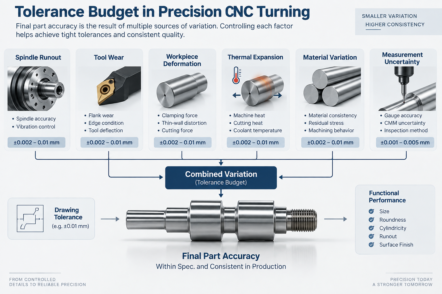 Precision CNC turning tolerance budget showing tool wear, runout, thermal expansion, clamping, and measurement uncertainty.png