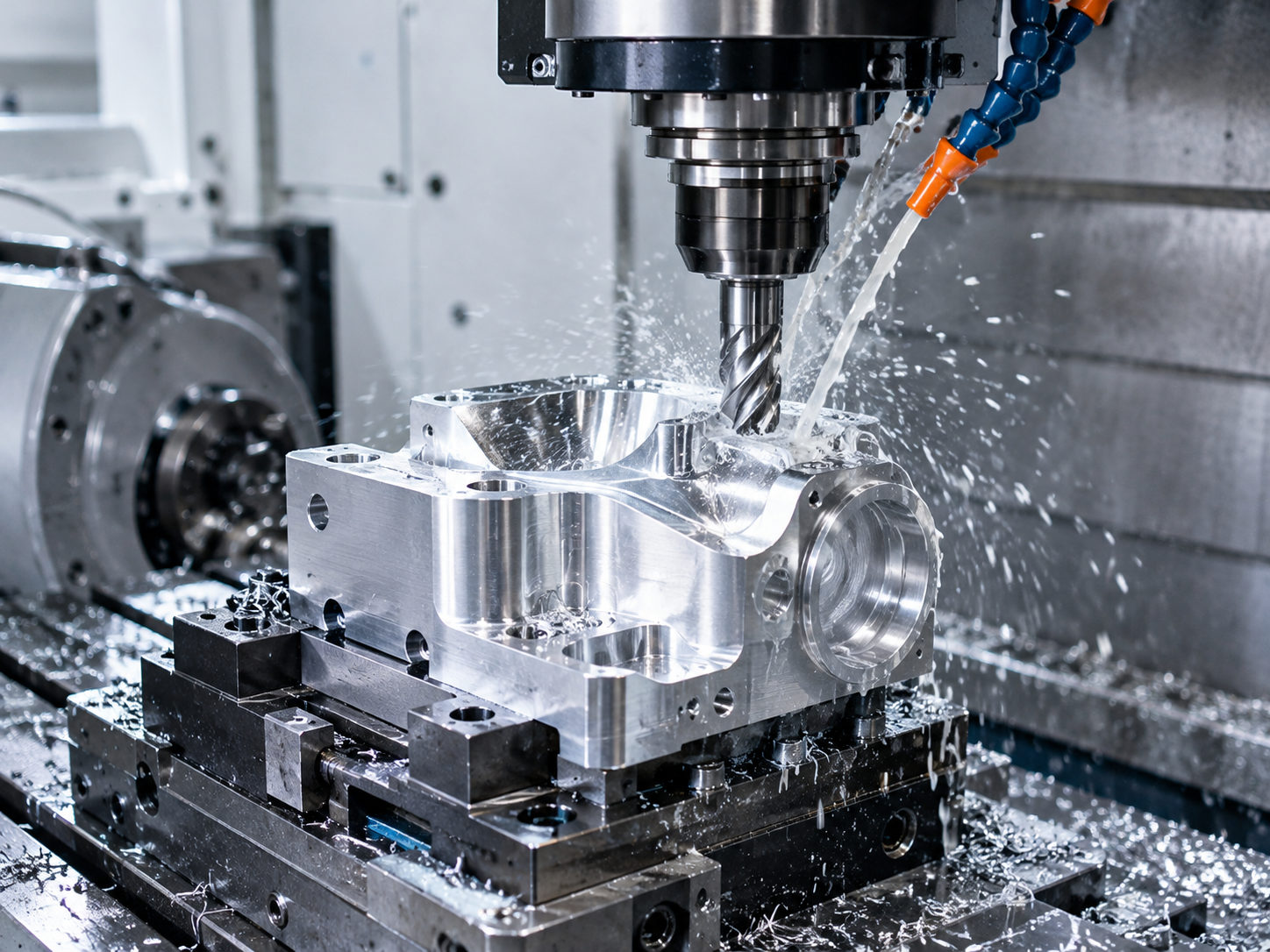 Five-axis CNC machining of a precision aluminum prototype with complex 3D features.png