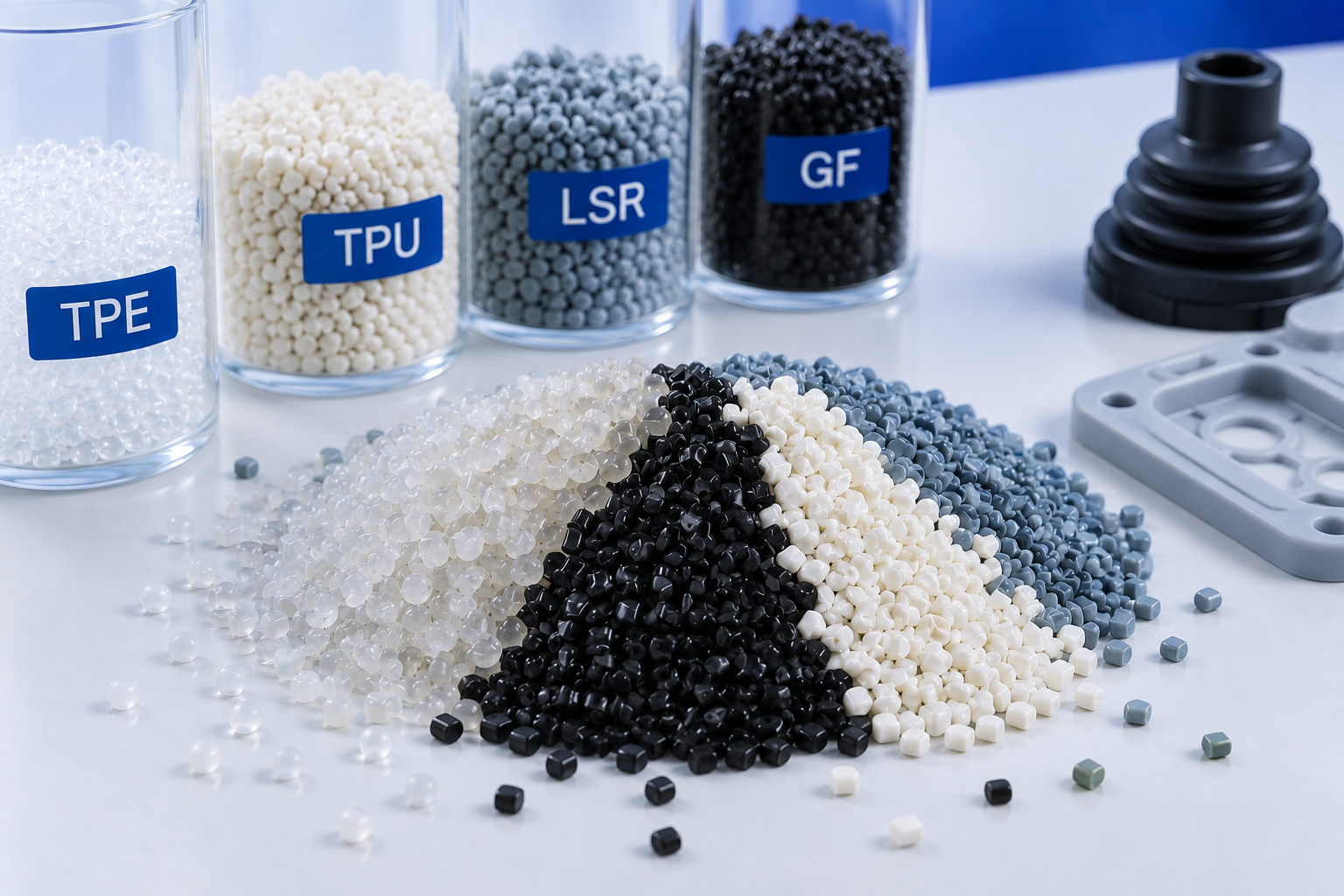 Elastomers and modified compounds including TPE, TPU, LSR, glass-filled and flame-retardant materials
