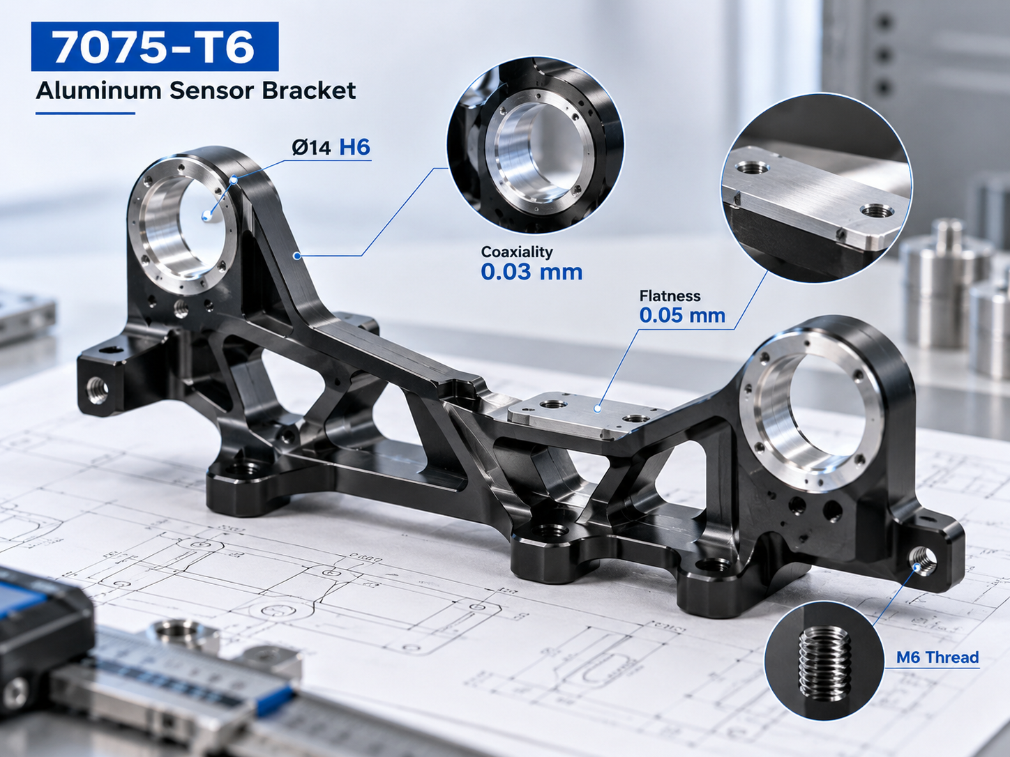 7075-T6 aluminum sensor bracket with precision bores and black anodized finish.png