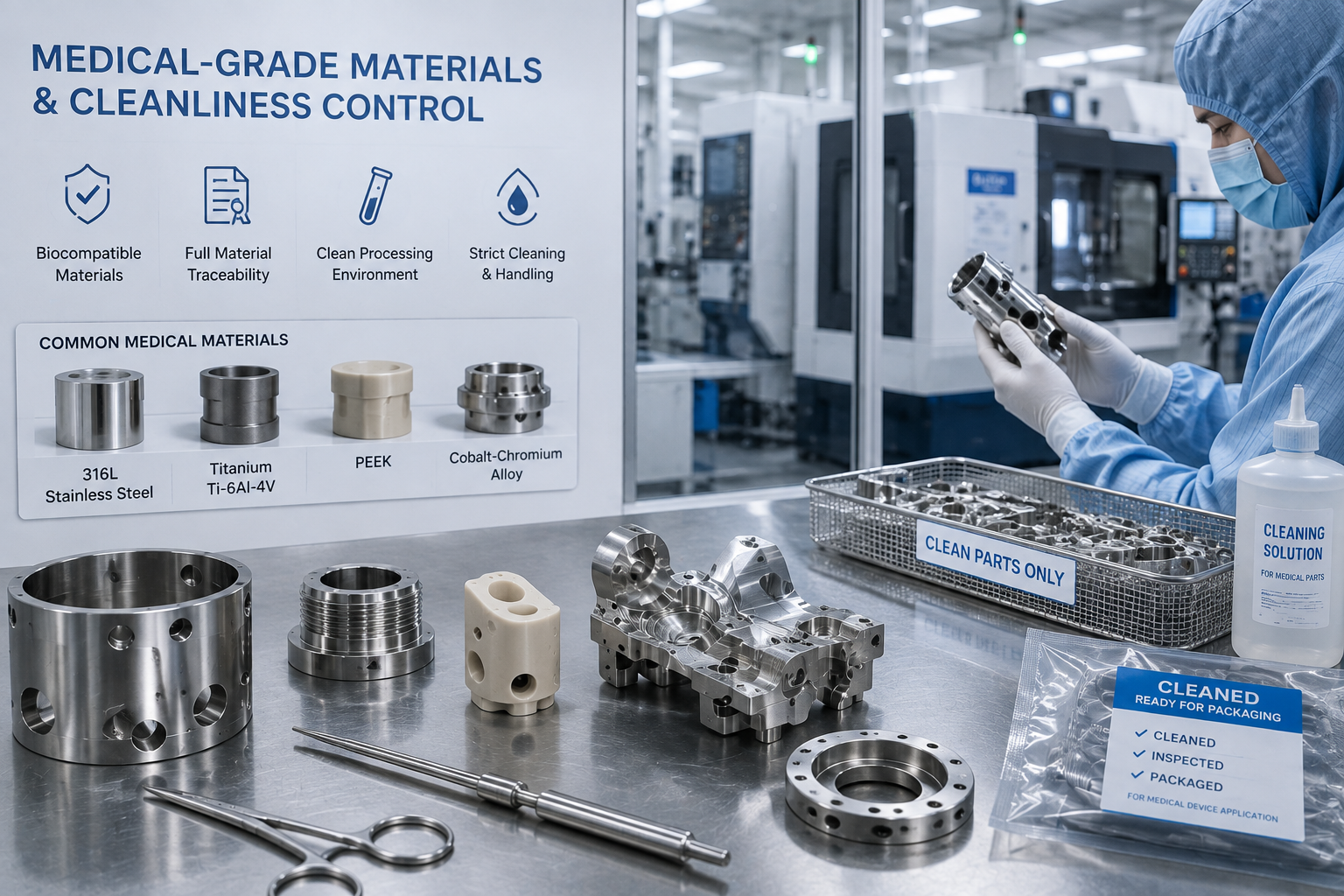 Medical-grade materials and cleanliness control for CNC machined medical device components.png