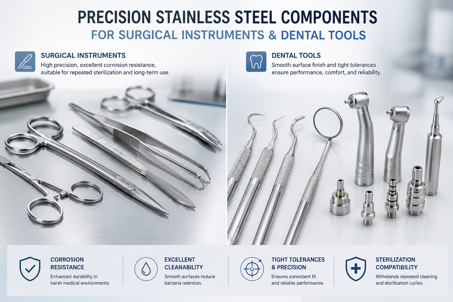 Precision stainless steel surgical instruments and dental tools manufactured for medical applications.png