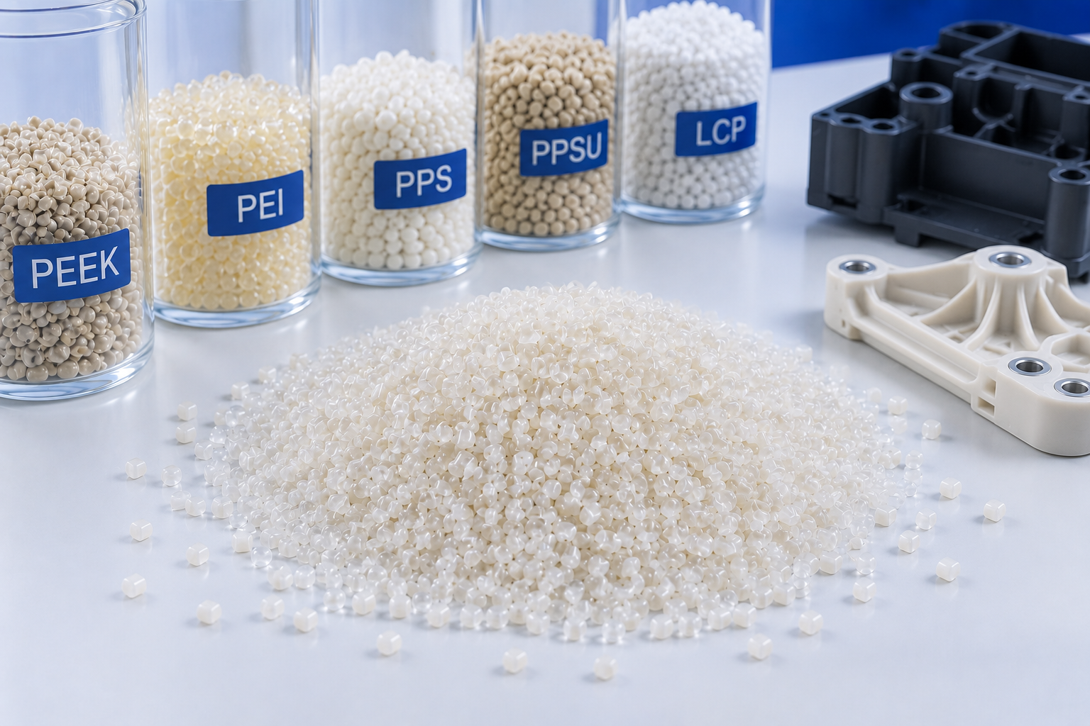 High-performance polymer materials including PEEK, PEI, PPS, PPSU and LCP for injection molded components