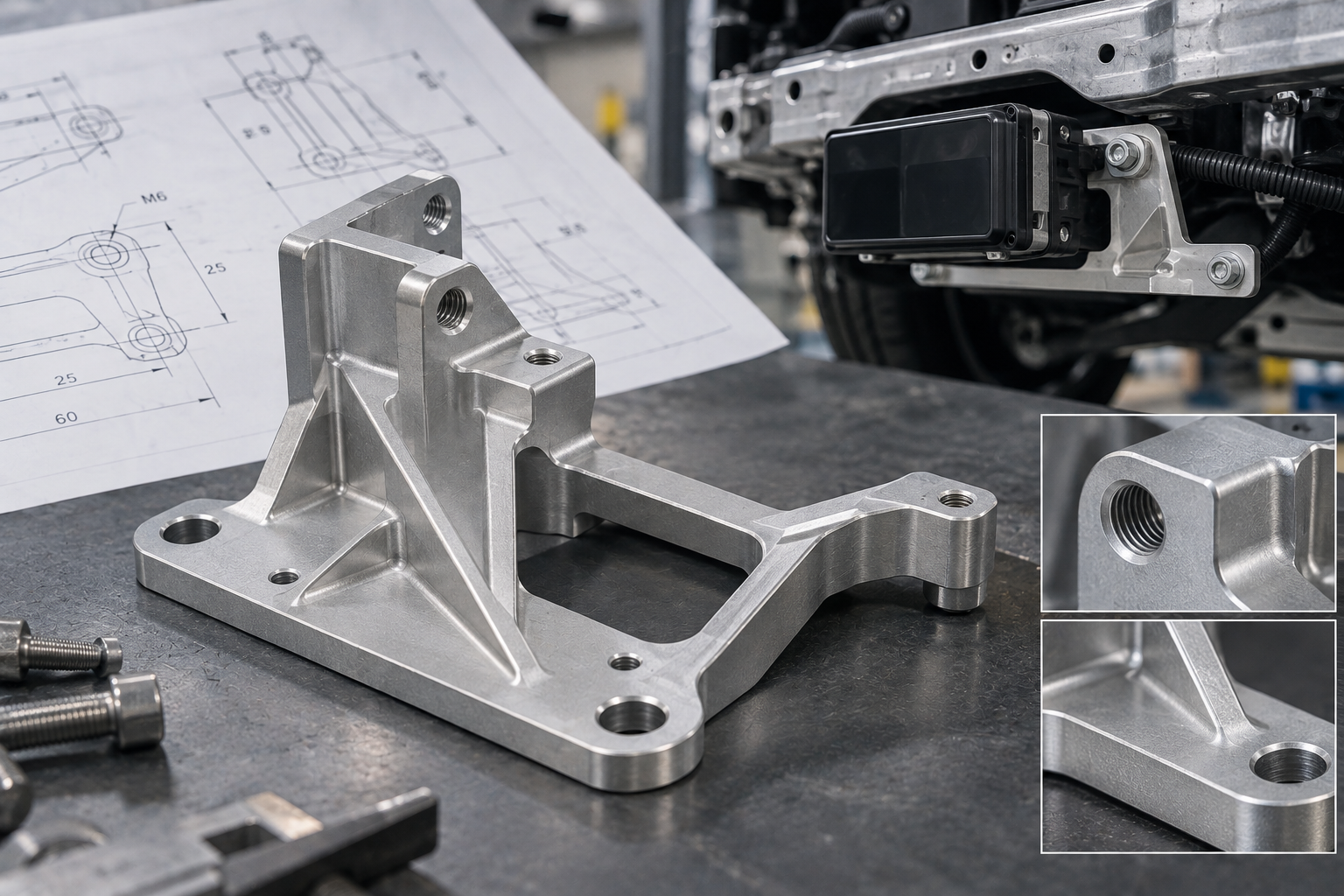 6061-T6 aluminum sensor bracket with clear Type II anodized finish for automotive ADAS.png
