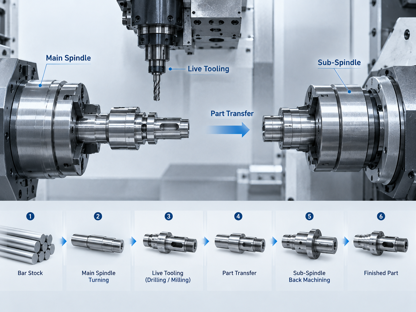 Sub-spindle mill-turn machining process for front and back machining in fewer setups.png