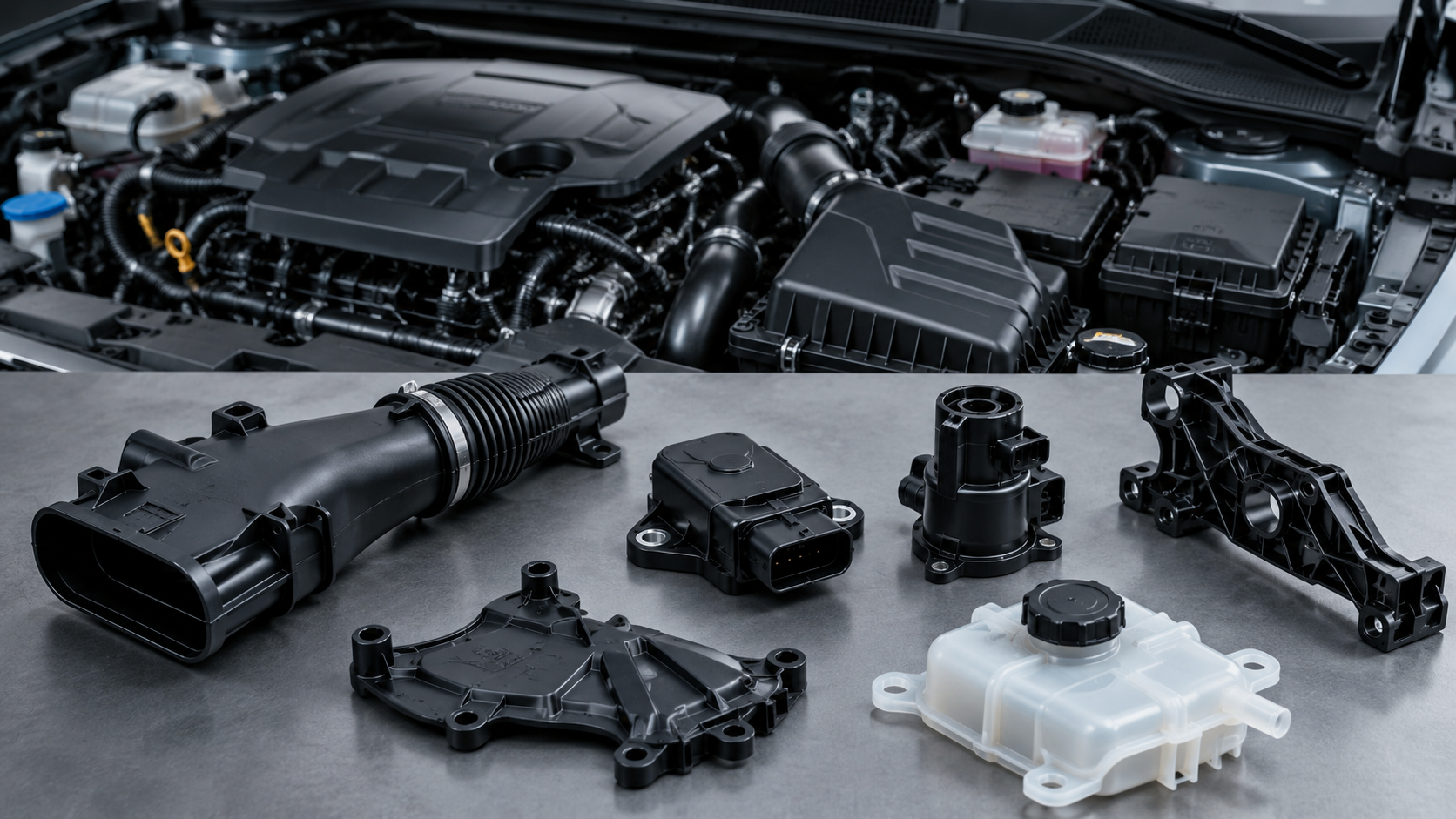 Under-the-hood automotive injection molded components including sensor housings, ducts, connectors, and protective covers.png