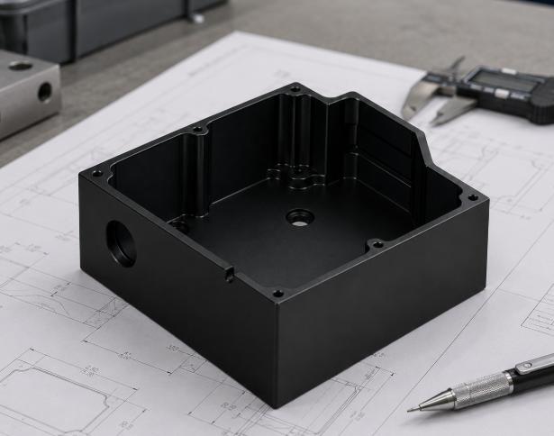 CNC-machined aluminum sensor housing prototype with mounting holes and a cable routing passage.jpg