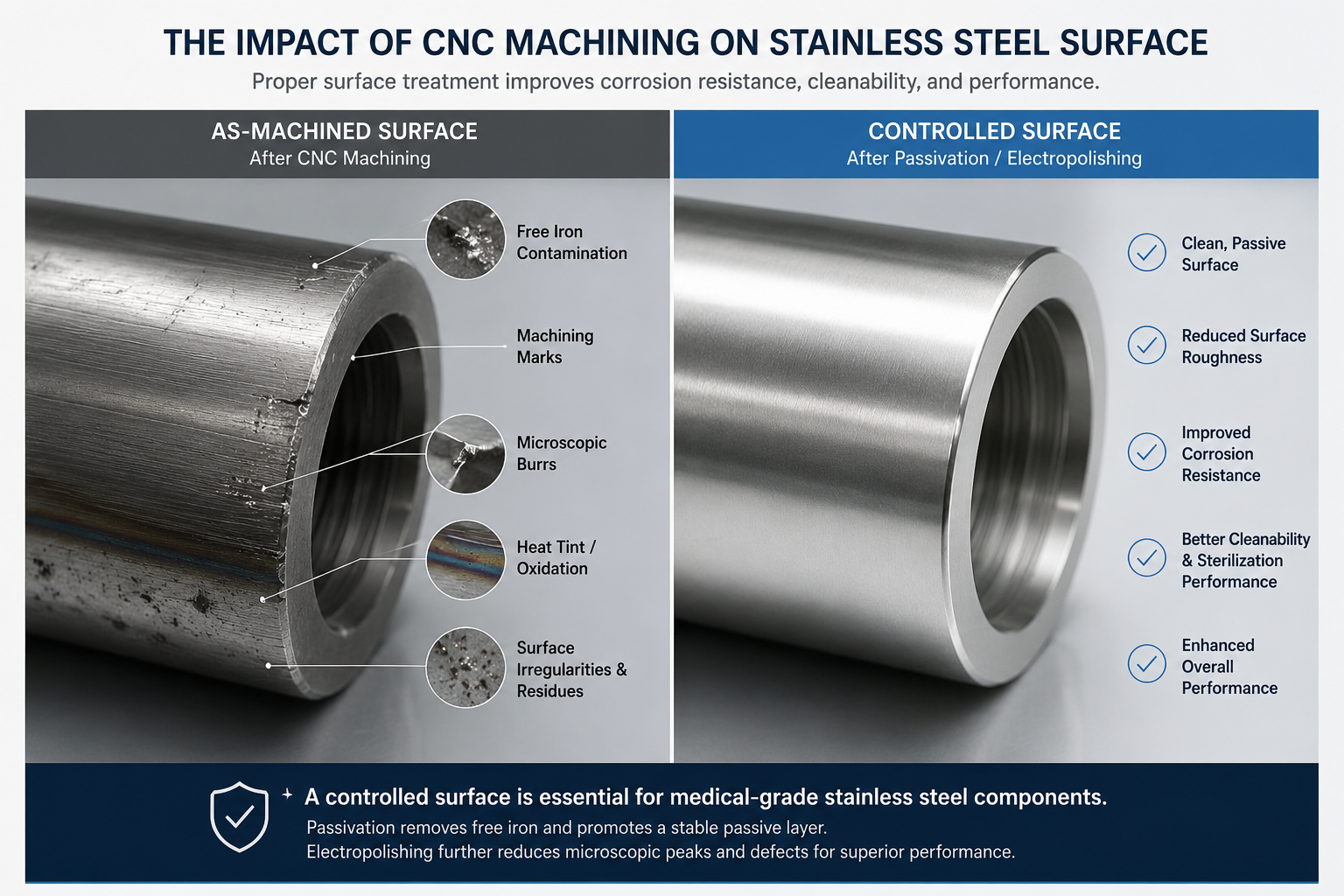 CNC machined stainless steel surface showing burrs, machining marks, heat tint and surface contamination.png