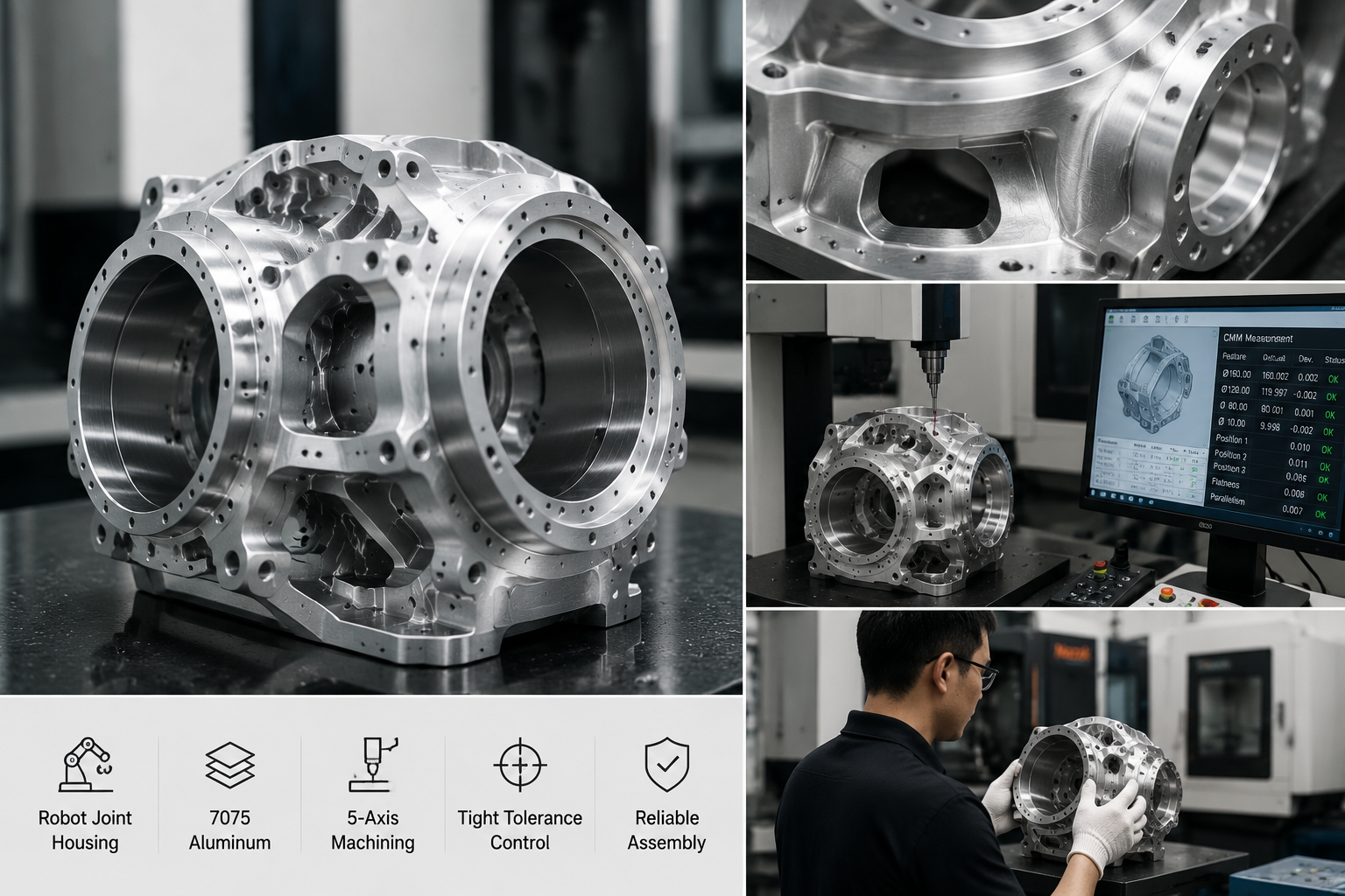 CNC machined aluminum robot joint housing manufactured with five-axis machining and precision inspection.png