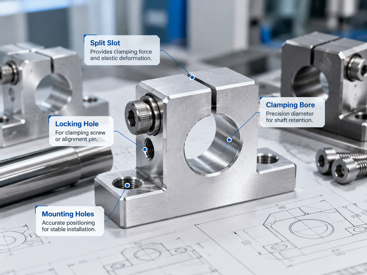 CNC machined split clamp block with precision bore split slot locking hole and mounting holes.png