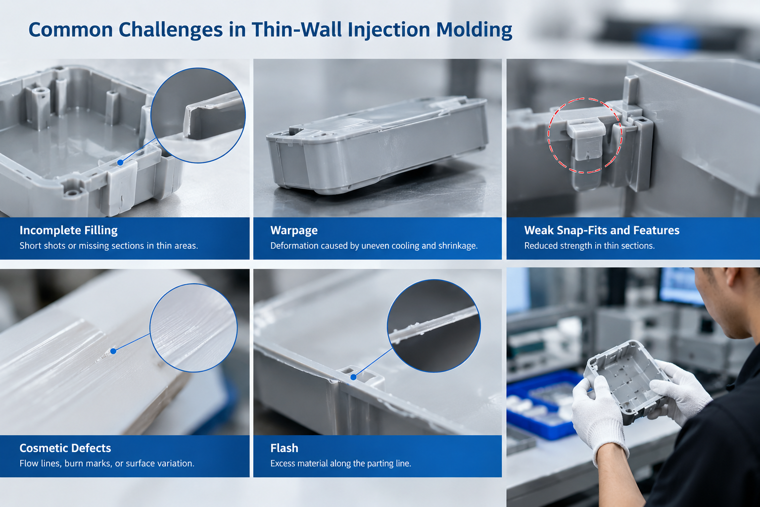 Thin-wall injection molding defects including incomplete filling, warpage, and surface imperfections.png