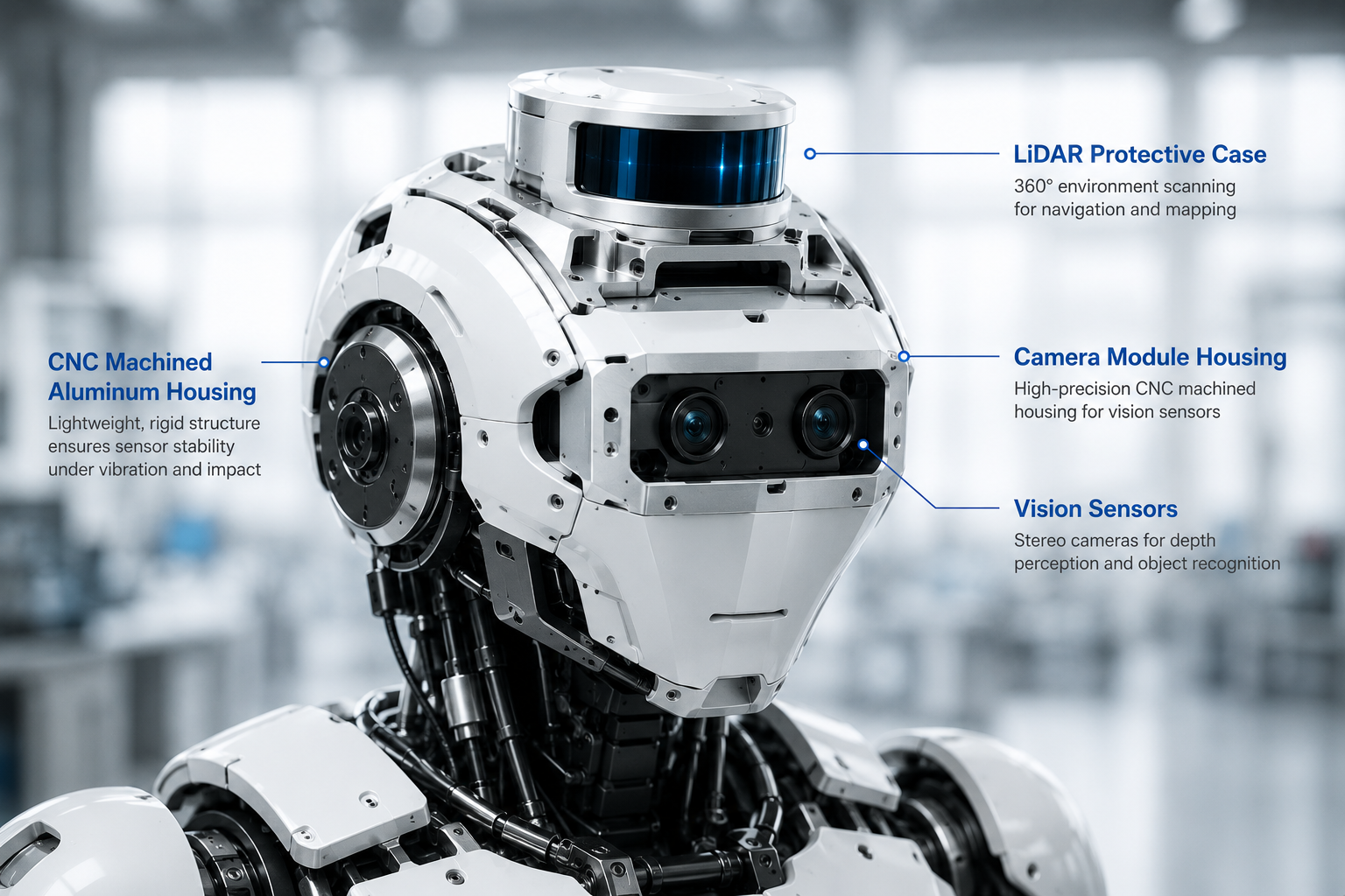 CNC machined protective housing for humanoid robot LiDAR and vision sensors.png